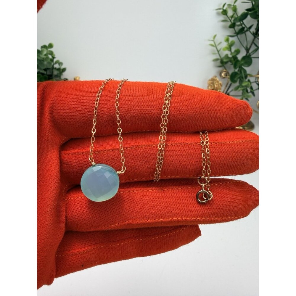 Vintage 14K Gold Filled Chalcedony Pendant Necklace Faceted Aqua Stone